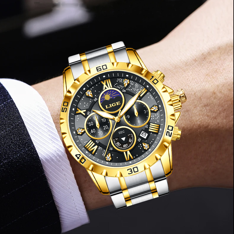 LIGE Top Brand Luxury Quartz M - Luxury Watch Moon Phase ulasan dan harga