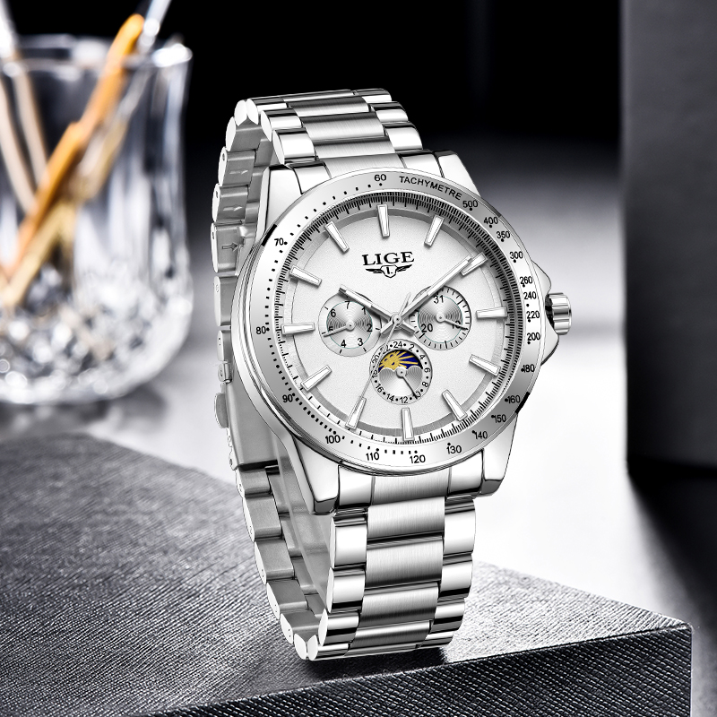 LIGE Top Brand Luxury Quartz M - Luxury Watch Moon Phase ulasan dan harga